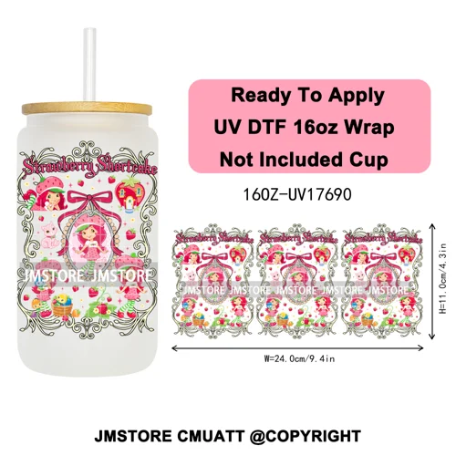 90s Cartoon Strawberry Characters Coquette Bow 16OZ UV DTF Cup Wraps Ready To Apply Transfer Stickers For Libbey Glass Can Mugs