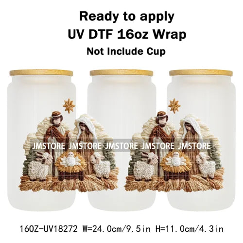 Faux Yarn Crochet Jesus Christmas Religious UV DTF Stickers Ready To Apply Cup Wrap Custom Labels DIY Craft For Libbey Glass Can