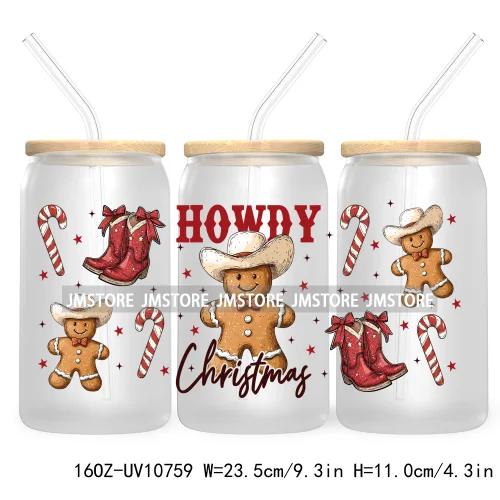 Christmas Highland Cow Coquette Bow 16OZ UV DTF Cup Wrap Waterproof Transfer Stickers For Libbey Glass Can Christmas Gingerbread