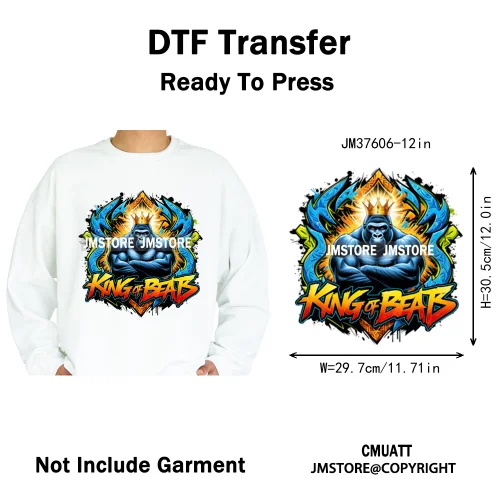 12in Old School Rap Hip Hop Music King Gaming Urban Vibes Graffiti Iron on DTF Heat Transfer Stickers Ready to Press for T-shirt