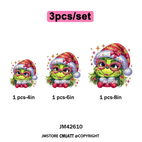 Faux Glitter Cartoon Christmas Movie Green Santa Kid Girly Xmas Iron on DTF Washable Transfer Sticker Ready to Press for Textile