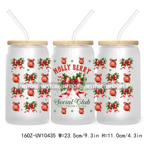 Merry Mama Social Club UV DTF Cup Wraps Transfers Sticker For 16OZ Libbey Glass Can Holiday Christmas Santa Tree Coquette Bow