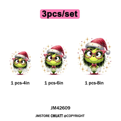 Faux Glitter Cartoon Christmas Movie Green Santa Kid Girly Xmas Iron on DTF Washable Transfer Sticker Ready to Press for Textile