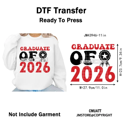 College Mega Senior 2K26 Coquette Class of 2026 Iron on Washable DTF Heat Transfers Stickers Ready to Press for Textiles Bags