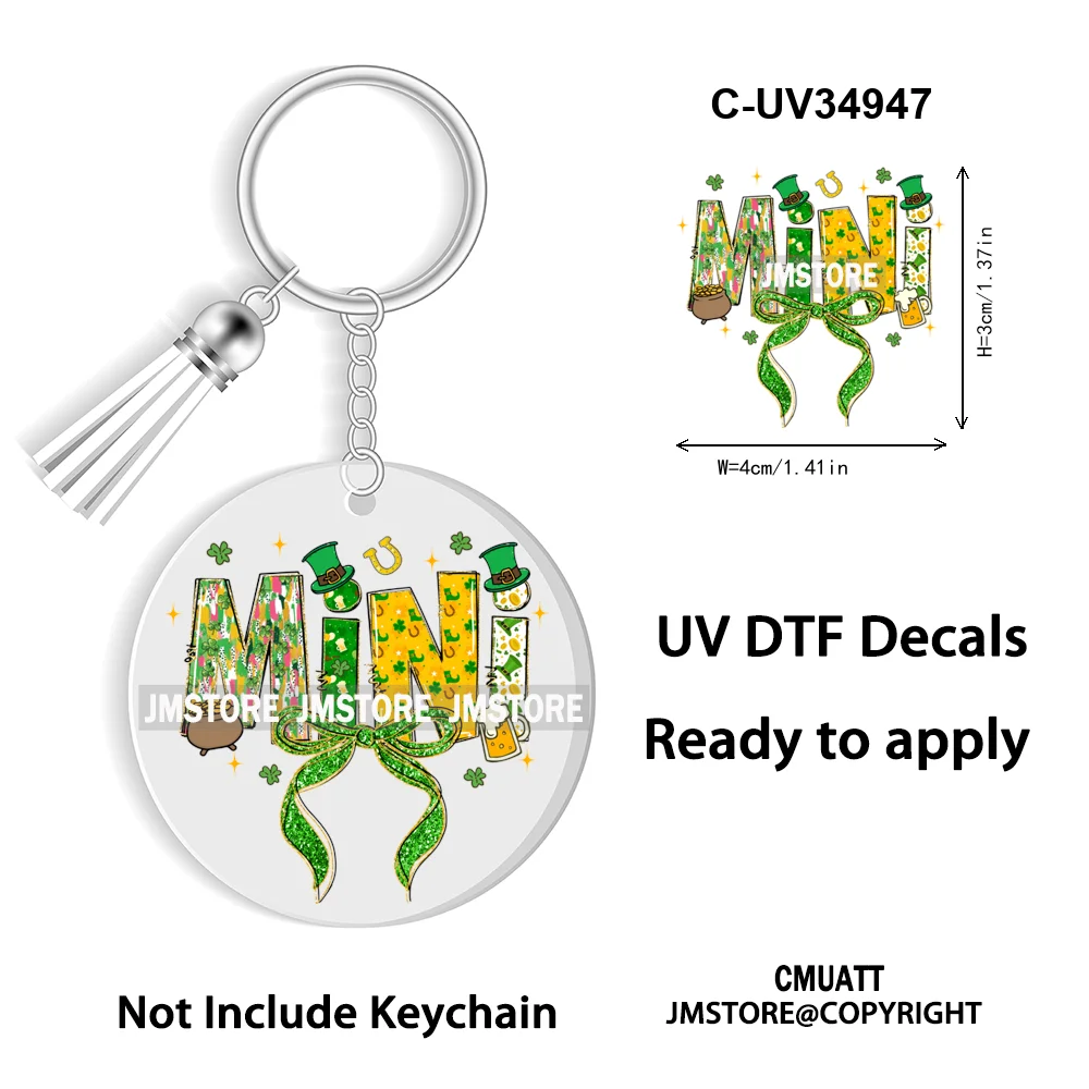 Faux Glitter Lucky Shamrock Coquette St. Patrick's Day WaterProof UV DTF Stickers For Round Circle Acrylic Keychain Key Ring