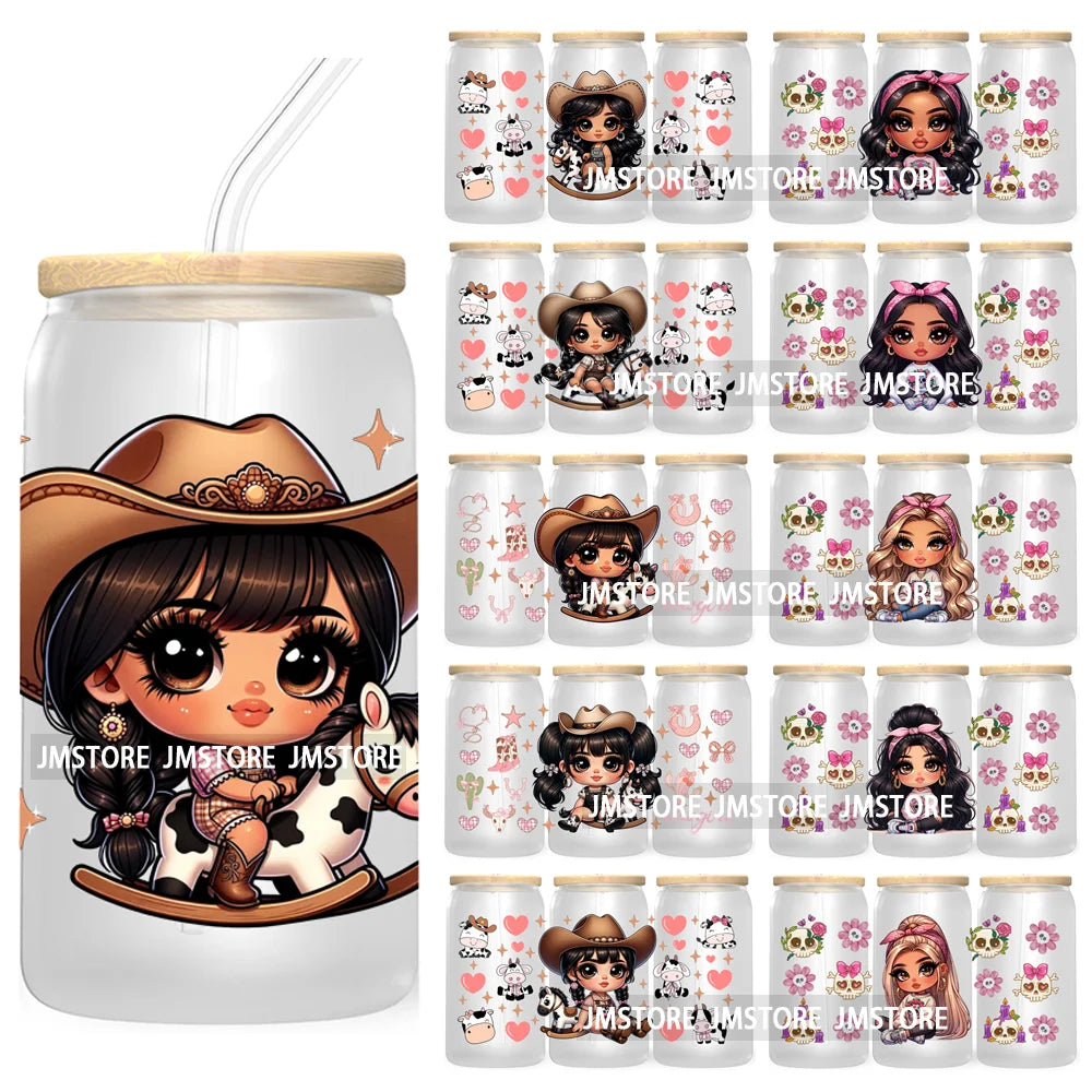 Cute Chibi Mexican Latina Baby Girl 16OZ UV DTF Cup Wrap Transfers Stickers For Libbey Glass Can Cups Tumbler Waterproof Skulls