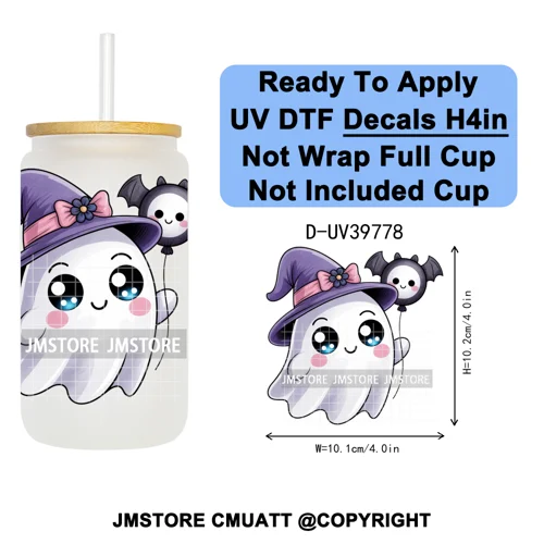 Cute Halloween Witch Ghost Sweet Boo UV DTF Decals Ready To Apply Waterproof Transfer Stickers Prints For 16OZ Libbey Glass Can