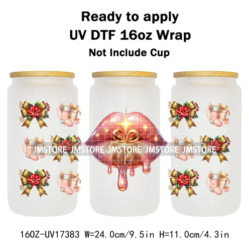 Colorful Christmas Lips Holiday Gifts Xmas Balls UV DTF Wraps Transfer Sticker Waterproof Logo For 16OZ Libbey Glass Can Tumbler