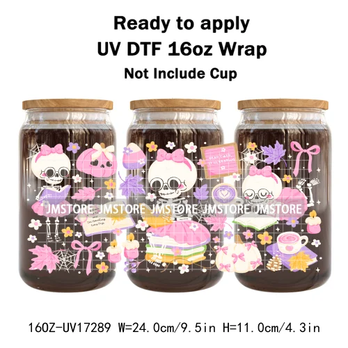 Floral Ghost Coquette Halloween Cherry Lip 16OZ UV DTF Cup Wraps Ready To Apply Waterproof Transfer Sticker For Libbey Glass Can