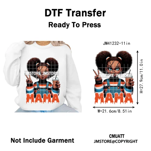 Black Girls Coffee Drinking Halloween Scary Movie Killer Mama Iron on Washable DTF Transfers Stickers Ready to Press for Clothes