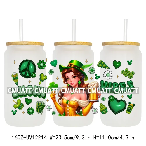 Cartoon Princess Girls St Patricks' Day Lucky Vibes 16OZ UV DTF Cup Transfer Wrap Sticker Waterproof Logos For Libbey Glass Can