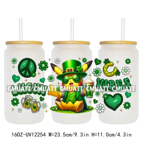 Happy St Patricks Cartoon Princess Characters Feeling Lucky Four Leaf Clover 16OZ UV DTF Cup Wrap Sticker For Libbey Glass Can