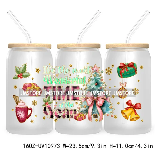 Coquette Glitter Holly Jolly Christmas Tree UV DTF Cup Wrap For Libbey Glass Can Transfer Stickers Waterproof Custom Labels Gift