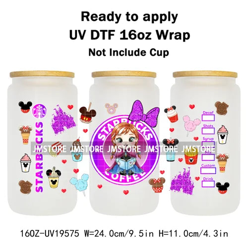 Faux Glitter Coffee Cartoon Princess Girly 16OZ UV DTF Cup Wraps Ready To Apply Waterproof Transfer Sticker For Libbey Glass Can