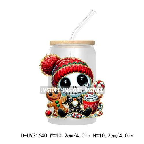 Glitter Cartoon Character With Christmas Hat Holiday Xmas UV DTF Transfer Stickers Decals For Libbey Cold Cup Mug Tumbler Labels