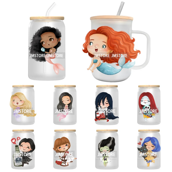 Cute Little Mermaid Cartoon Princess Festive UV DTF Transfer Stickers Decals Ready To Apply Waterproof For 16OZ Libbey Glass Can