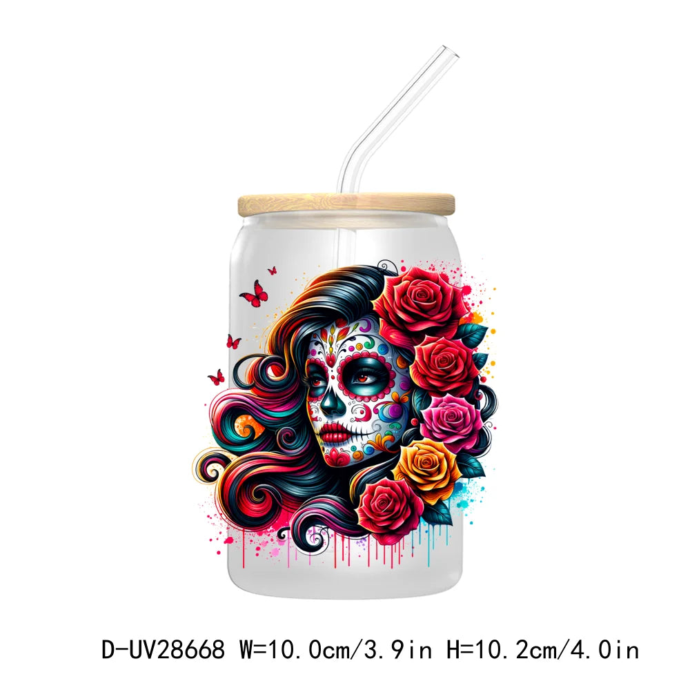 La Mexicana Latina Tarot Card UV DTF Transfer Stickers Decals For Libbey Cold Cups Mugs Tumbler Waterproof Floral Sugar Skulls