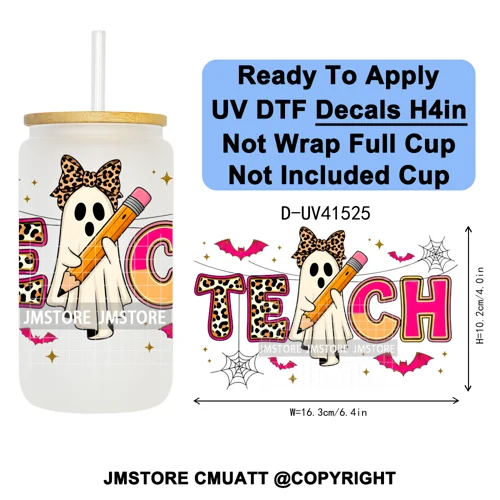 Spooky Highland Cow Halloween Ghosts Pumpkin UV DTF Decals Ready To Apply Waterproof Transfer Stickers For 16OZ Libbey Glass Can