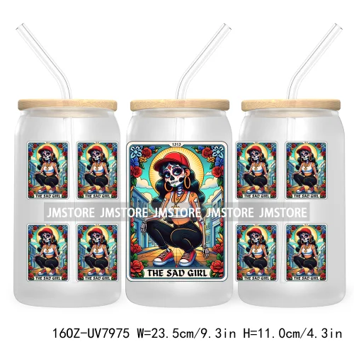 Funny Tarot Card UV DTF Sticker For 16OZ Libbey Glass Cup Can Wrap Transfer Sticker Custom Label DIY Logo Mexican Skeleton Skull