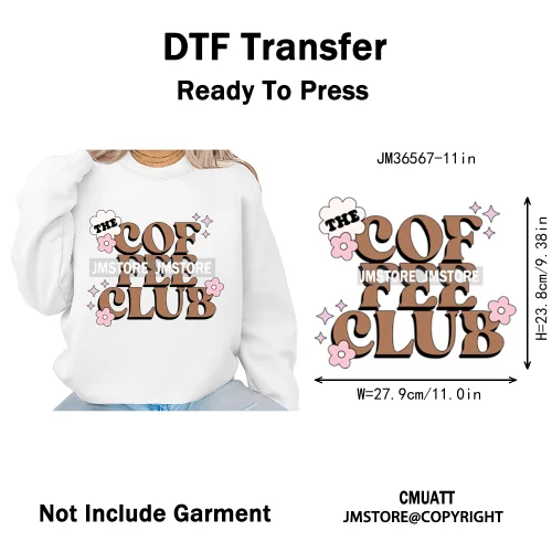 Coffee Mom Club Girlie Drink Reading Motivational Positive Quotes Iron on DTF Heat Transfers Stickers Ready to Press for Clothes