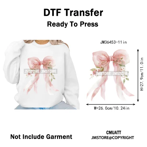 Pink Bow Silk Wedding Coquette Girl Ribbon Tied Printing Iron on DTF Thermal Transfers Stickers Ready to Press for Clothing Bags