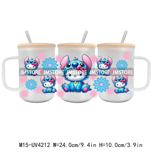 Cartoon Best Friends UV DTF Glass Can Wrap For 15OZ Mug Glass Cup Transfer Stickers DIY Custom Logo Labels Cute Cat Sunflowers