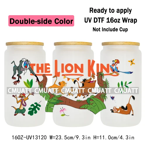 Double Side Color Cartoon Lion UV DTF Cup Wrap Transfer Stickers For 16oz Libbey Glass Beer Selfadhesive Waterproof Adhesive