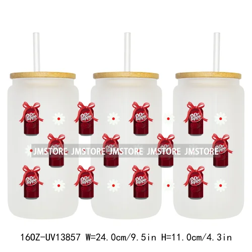 Soft Drink Pink Bow Coquette Strawberry UV DTF Wraps Transfer Sticker Selfadhesive Waterproof  For 16OZ Libbey Glass Can Tumbler