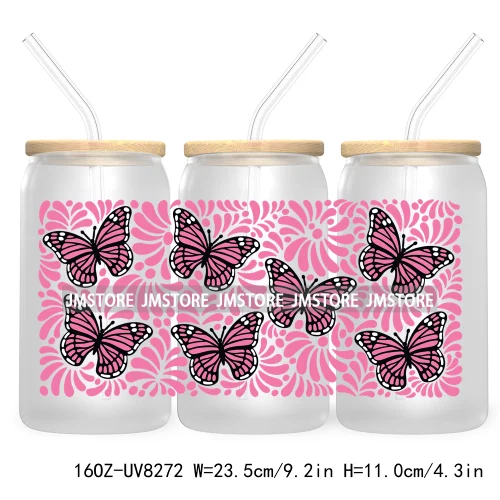 Mexican Butterfly Flowers 16OZ UV DTF Cup Wrap Transfer Sticker Custom Label Waterproof Logo For Libbey Glass Can Latina Culture