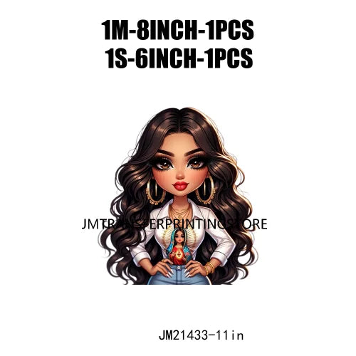 Chibi Cute Chicana Doll Guadalupe Lady Skull Latina Woman Cold Peel Decals Iron On DTF Transfers Stickers For Shirts Bags Pillow