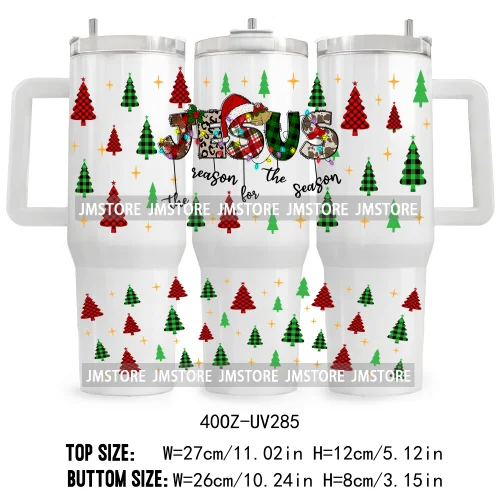 Tis The Season Christmas Tree Candy Cane UV DTF Tumbler Wrap Transfer Stickers Custom Label 40OZ Wraps Jesus Christian Christmas