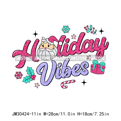 Colorful Holly Jolly Vibes Faux Glitter Christmas Santa Sleigh All Day Iron On DTF Transfers Stickers Ready To Press For Clothes
