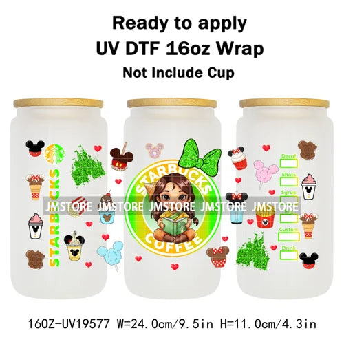 Faux Glitter Coffee Cartoon Princess Girly 16OZ UV DTF Cup Wraps Ready To Apply Waterproof Transfer Sticker For Libbey Glass Can