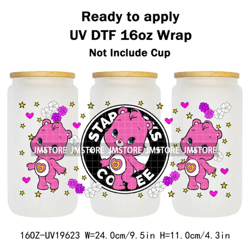 Cheerful Floral Hearts Cartoon Bears Clipart UV DTF Transfer Stickers Cup Tumbler Wrap For 16OZ Libbey Glass Bottle Cup Wraps