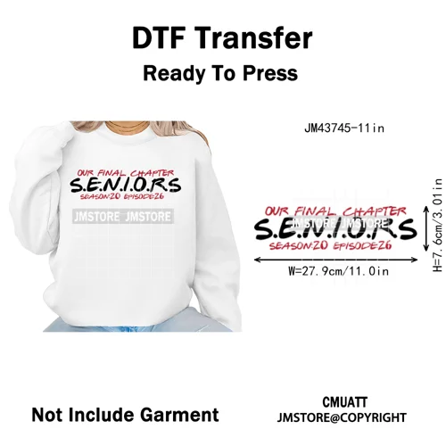 High School Senior Year Class of 2026 My First Last Day Iron on Washable DTF Heat Transfers Stickers Ready to Press for Hoodies