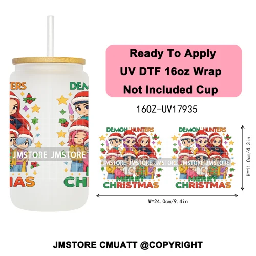 Kpop Demon Inspired Movie Christmas Santa Hat 16OZ UV DTF Cup Wrap Ready To Apply Durable Transfer Stickers For Libbey Glass Can