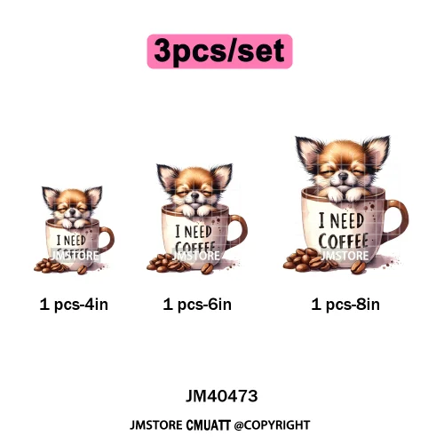 Funny Cartoon Pet Puppy Small Sleeping Cozy Coffee Dogs Lover Iron on DTF Washable Transfers Sticker Ready to Press for Clothing