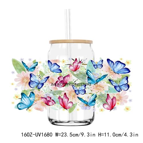 Watercolor Butterfly And Flower 16OZ UV DTF Cup Wrap Transfer Sticker Custom Labels DIY Durable Waterproof Logo For Libbey Glass