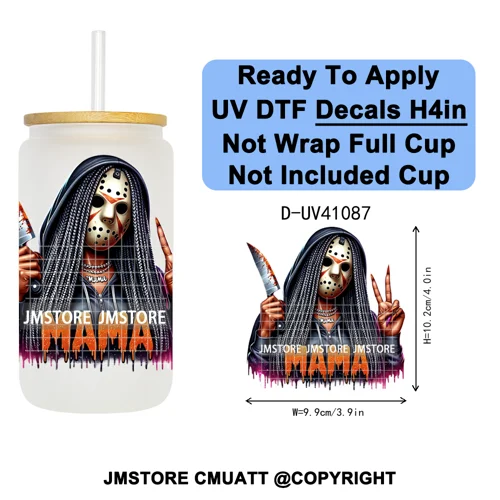Scary Movie Character Afro Girls Halloween UV DTF Transfer Stickers Decals Ready To Apply Waterproof For 16OZ Libbey Glass Can