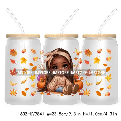 Afro African Girl 16OZ UV Cup Wrap DTF Transfer Stickers For Libbey Glass Can Cups Tumbler Fall Season Autumn Waterproof Labels