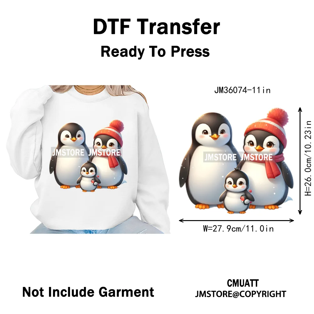 Cute Animal Penguins Coquette Hat Family Mom Father Baby Lovers Iron on DTF Heat Transfer Stickers Ready to Press for Hoodies