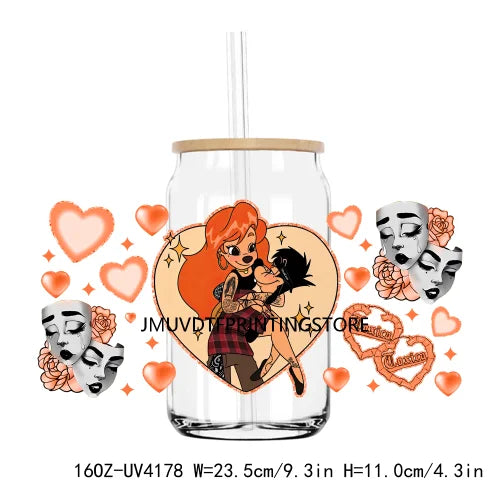 Cartoon Valentines Couple Love 16OZ UV DTF Cup Wrap Transfers Stickers Custom Labels DIY Waterproof Logo For Libbey Glass Can