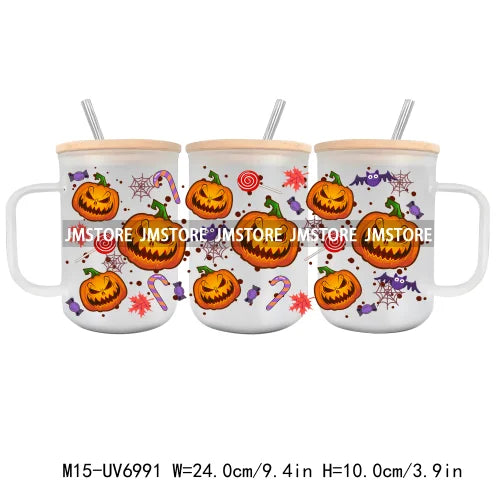 Horror Halloween Cartoon Scary Movie UV DTF Glass Can Wrap For 15OZ Mug Coffee Cup Transfer Sticker DIY Custom Logo Labels Skull