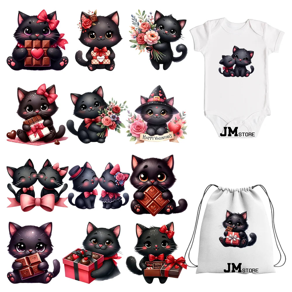 15cm 5.9in Kids Cute Flower Heart Love Valentine Black Cat Iron On Heat Transfer Sticker For Clothes Print Vinyl Washable Decal