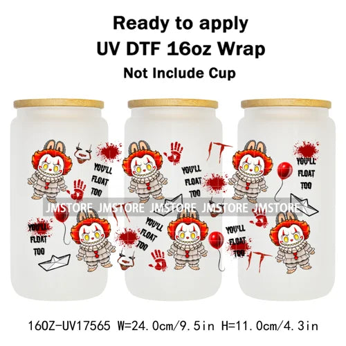 Movies Characters Horror Halloween Cartoon 16OZ UV DTF Cup Wraps Ready To Apply Waterproof Transfer Sticker For Libbey Glass Can