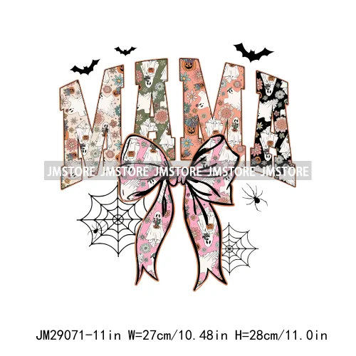 New Spooky Mama Neon Halloween Checkered Girly Coquette Bow Designs Iron On DTF Transfer Stickers Ready To Press For Hoodies