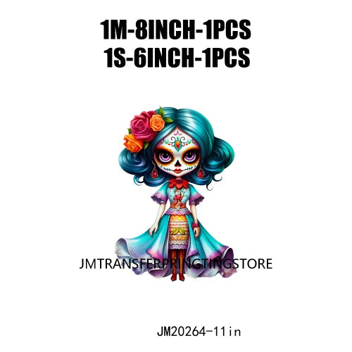 Cute Doll La Catrina Day Of The Dead Sugar Skull Mexican Halloween Iron On DTF Transfer Stickers Ready To Press For Hoodies Bags