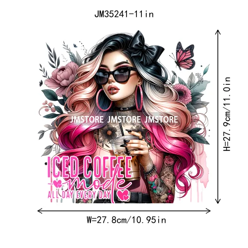 Cool Sarcasm Edgy Tattoo Idgaf Girl Iced Coffee Rebellious Women Iron on DTF Transfers Stickers Ready to Press for Clothing Bags