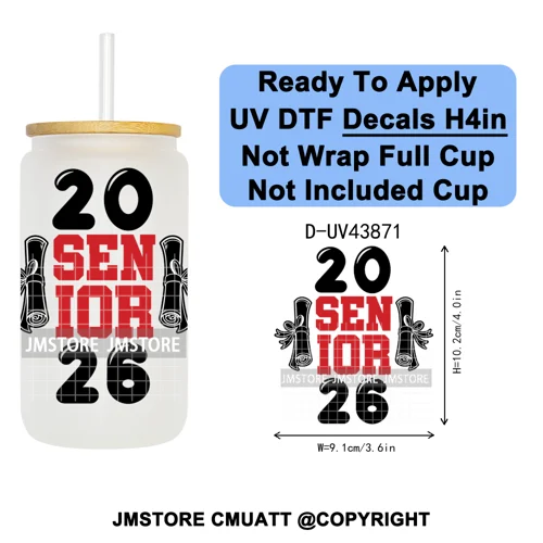 College Grad Class Of 2026 UV DTF Cup Decals Ready To Apply Transfer Stickers Durable Custom Labels For Libbey Glass Can Mugs