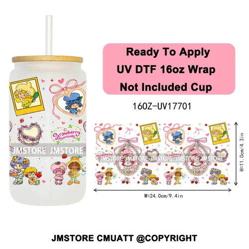 90s Cartoon Strawberry Characters Coquette Bow 16OZ UV DTF Cup Wraps Ready To Apply Transfer Stickers For Libbey Glass Can Mugs